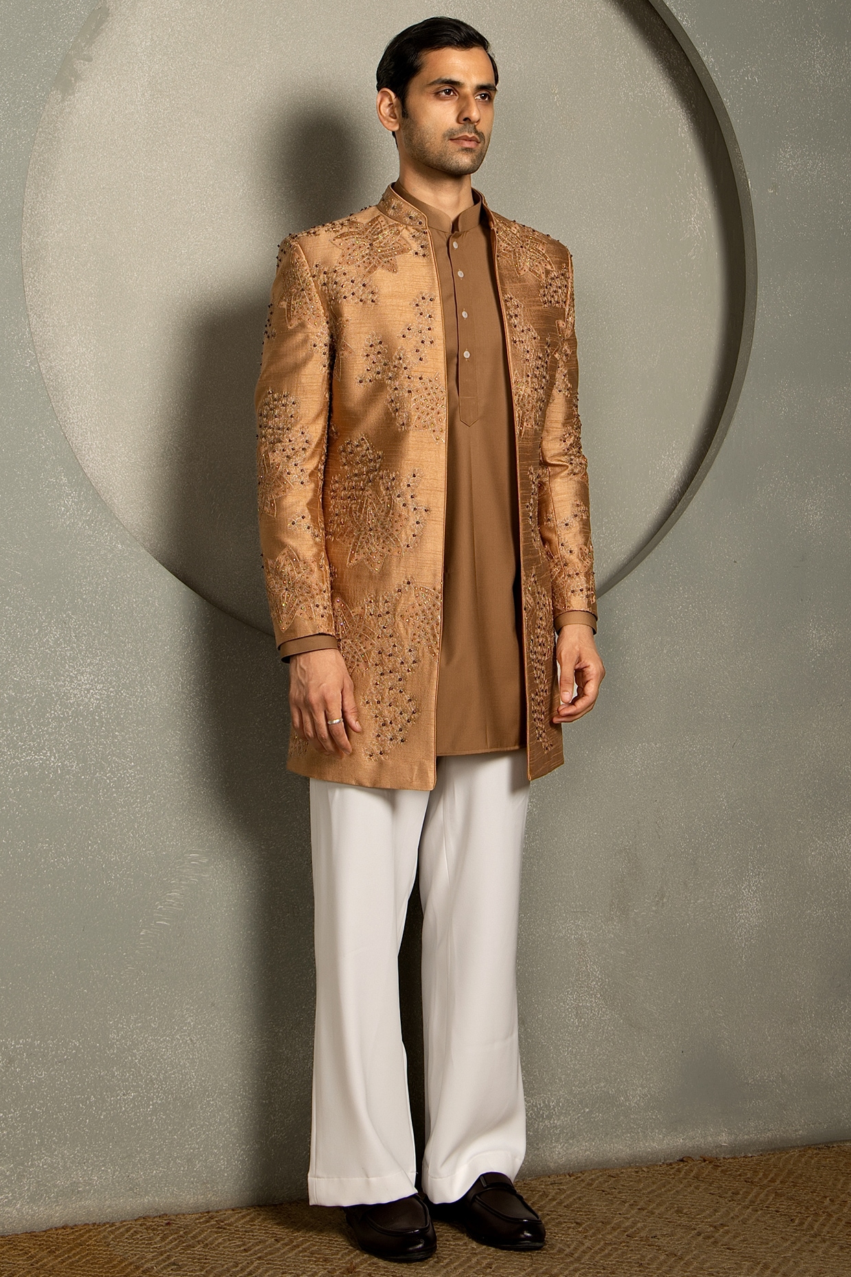 Line by Shamim Khan Golden Raw Silk Thread Embroidered Indowestern Set
