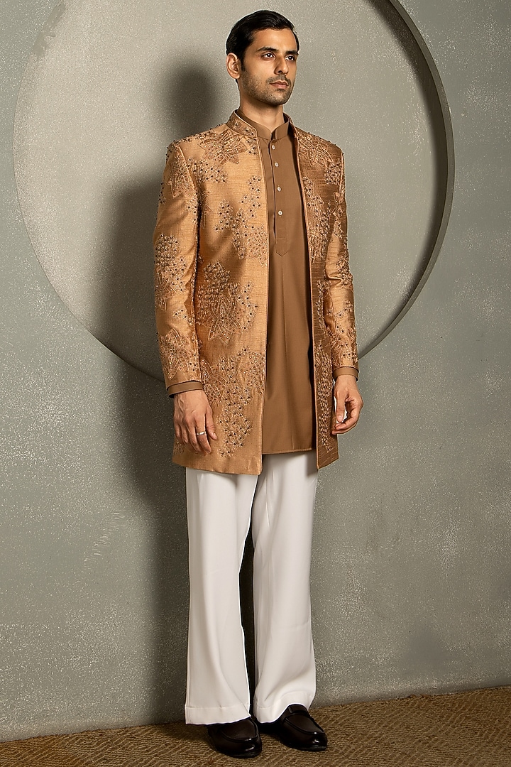 Golden Raw Silk Thread Embroidered Groom Indowestern Set by Line by Shamim Khan at Pernia's Pop Up Shop