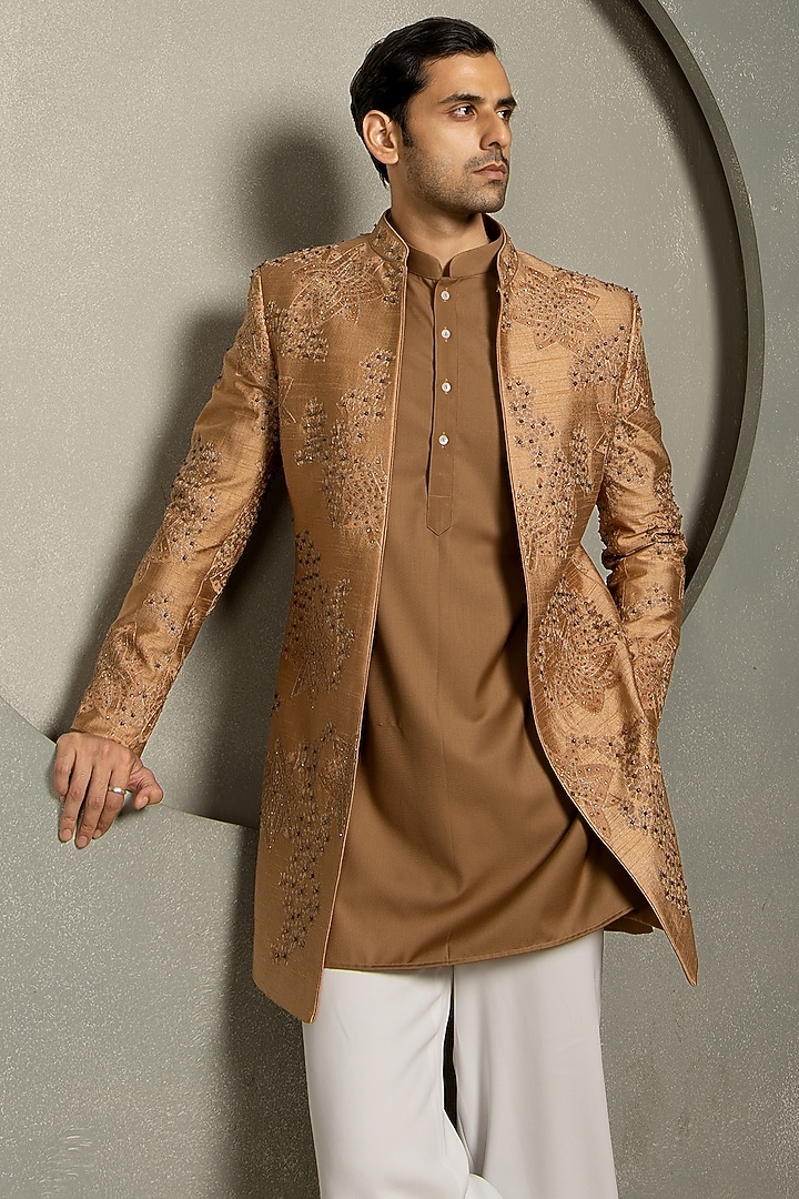 Golden Raw Silk Thread Embroidered Groom Indowestern Set by Line by Shamim Khan at Pernia's Pop Up Shop