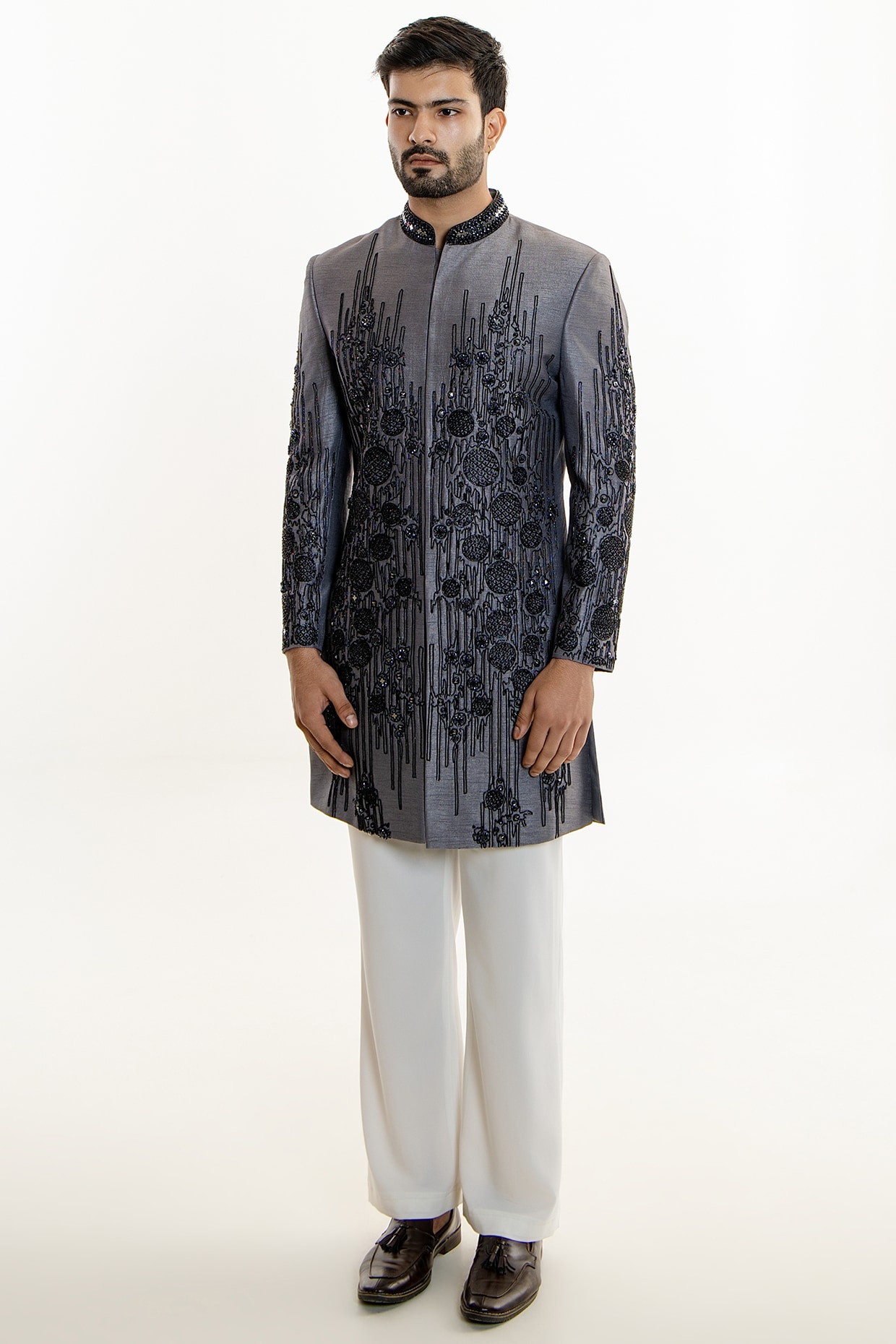Line by Shamim Khan Dark Grey Raw Silk Thread Embroidered Indowestern Set