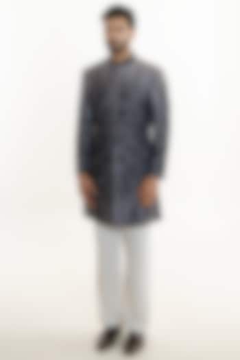 Dark Grey Raw Silk Thread Embroidered Groom Indowestern Set by Line by Shamim Khan at Pernia's Pop Up Shop