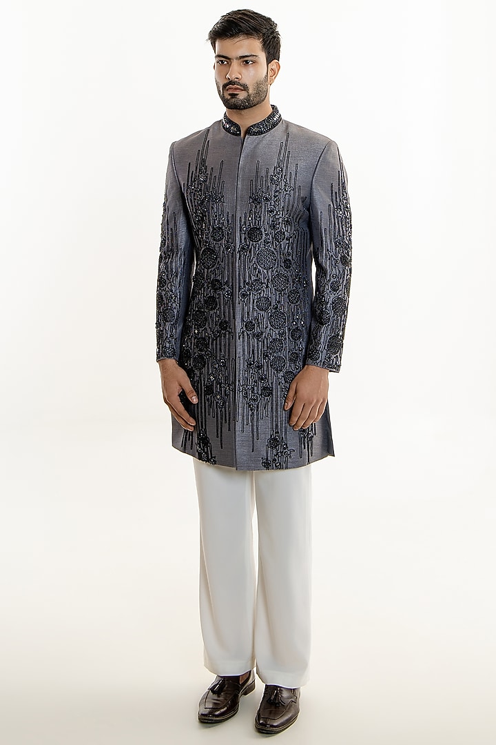 Dark Grey Raw Silk Thread Embroidered Groom Indowestern Set by Line by Shamim Khan at Pernia's Pop Up Shop