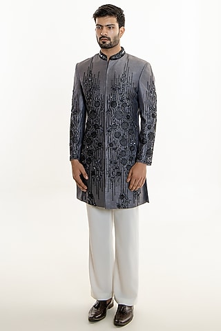 Dark Grey Raw Silk Thread Embroidered Indowestern Set by Line by Shamim Khan