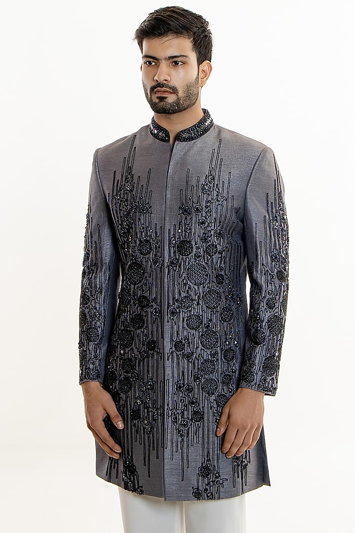 Dark Grey Raw Silk Thread Embroidered Groom Indowestern Set by Line by Shamim Khan at Pernia's Pop Up Shop