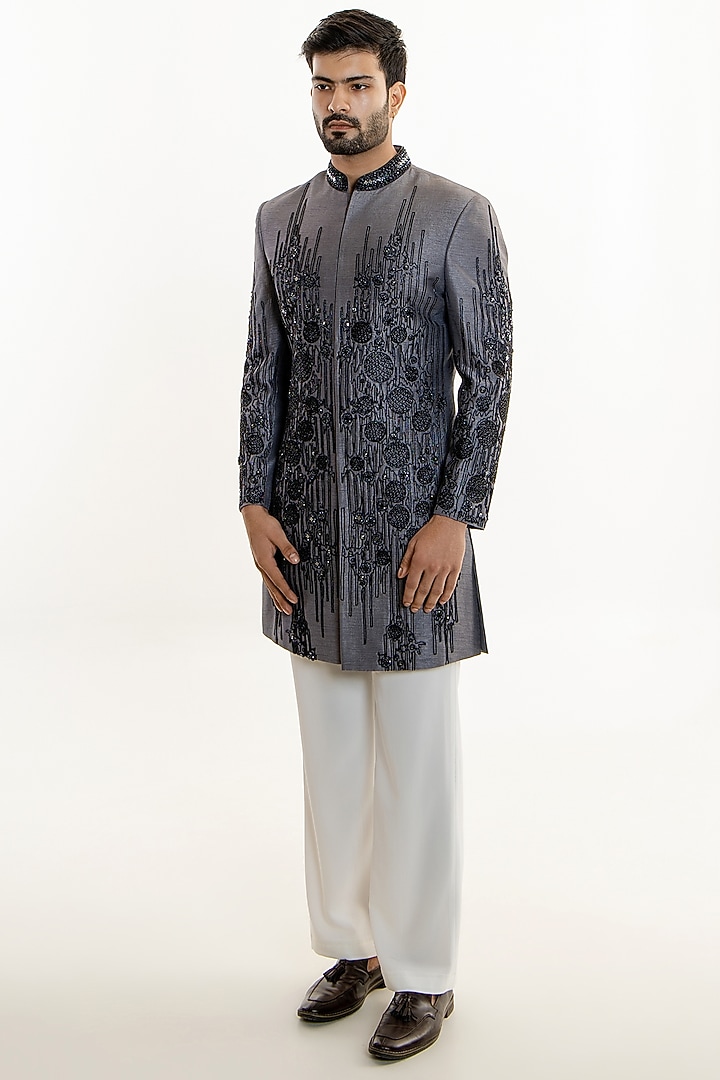 Dark Grey Raw Silk Thread Embroidered Groom Indowestern Set by Line by Shamim Khan at Pernia's Pop Up Shop