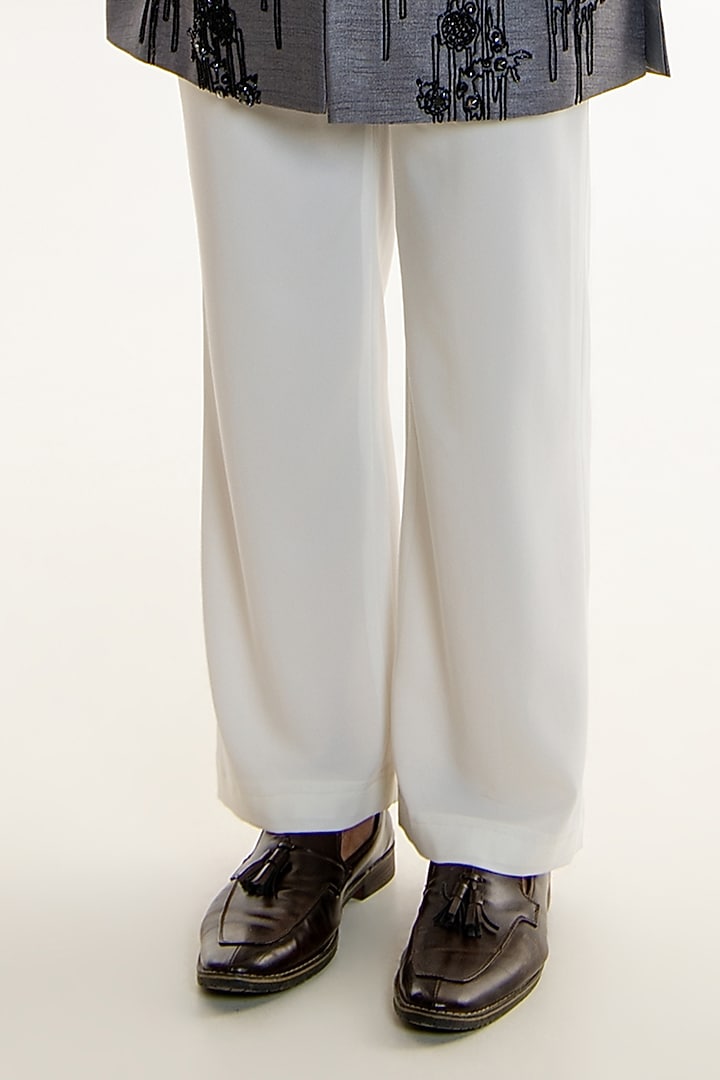 Dark Grey Raw Silk Thread Embroidered Groom Indowestern Set by Line by Shamim Khan at Pernia's Pop Up Shop