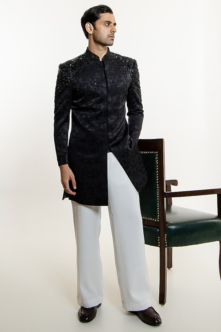 Black Jacquard Silk Embroidered Groom Indowestern Set by Line by Shamim Khan at Pernia's Pop Up Shop