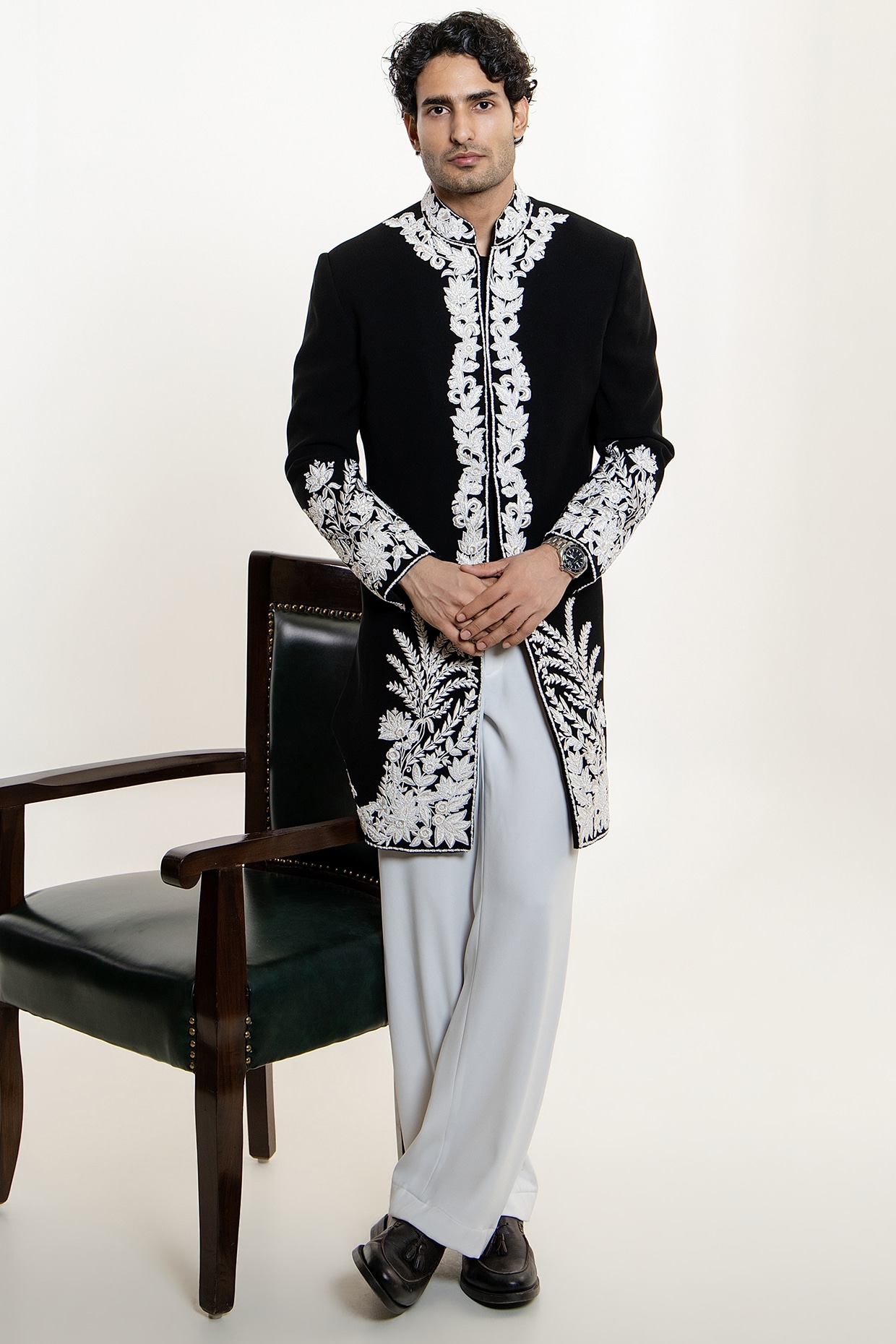Line by Shamim Khan Black Japanese Fabric Thread Embroidered Indowestern Set