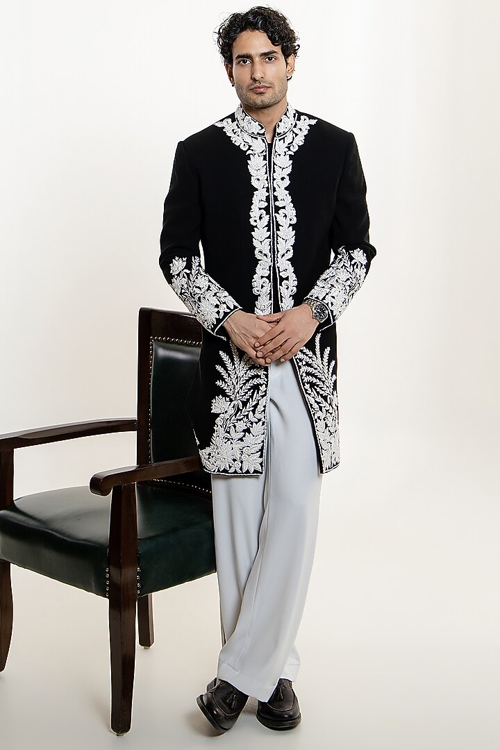 Black Japanese Fabric Thread Embroidered Groom Indowestern Set by Line by Shamim Khan at Pernia's Pop Up Shop