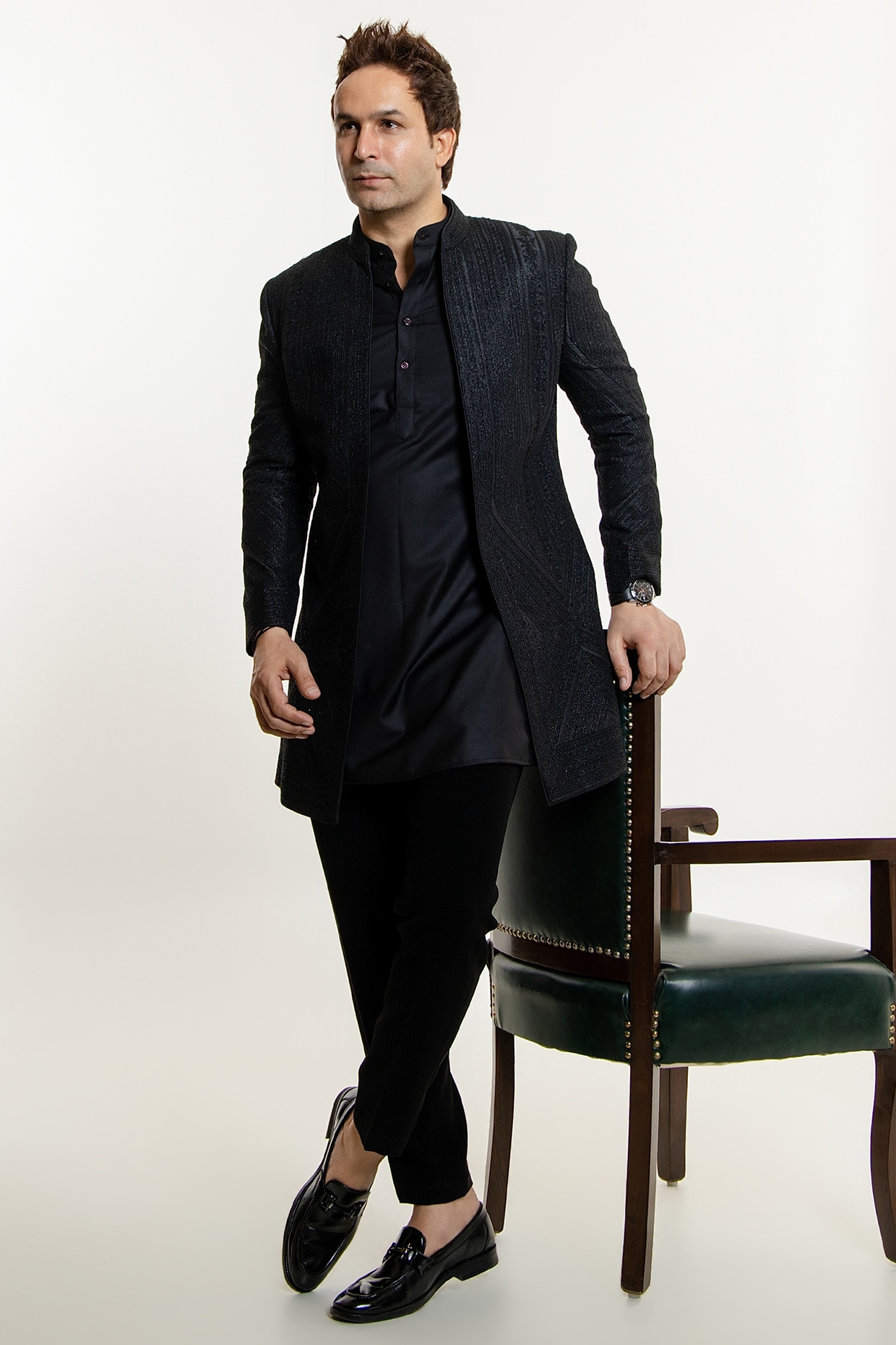Line by Shamim Khan Black Raw Silk Jacquard Thread Embroidered Indowestern Set
