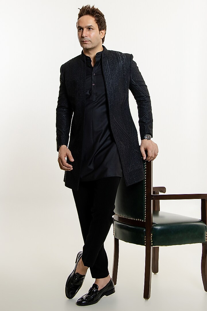 Black Raw Silk Jacquard Thread Embroidered Groom Indowestern Set by Line by Shamim Khan at Pernia's Pop Up Shop