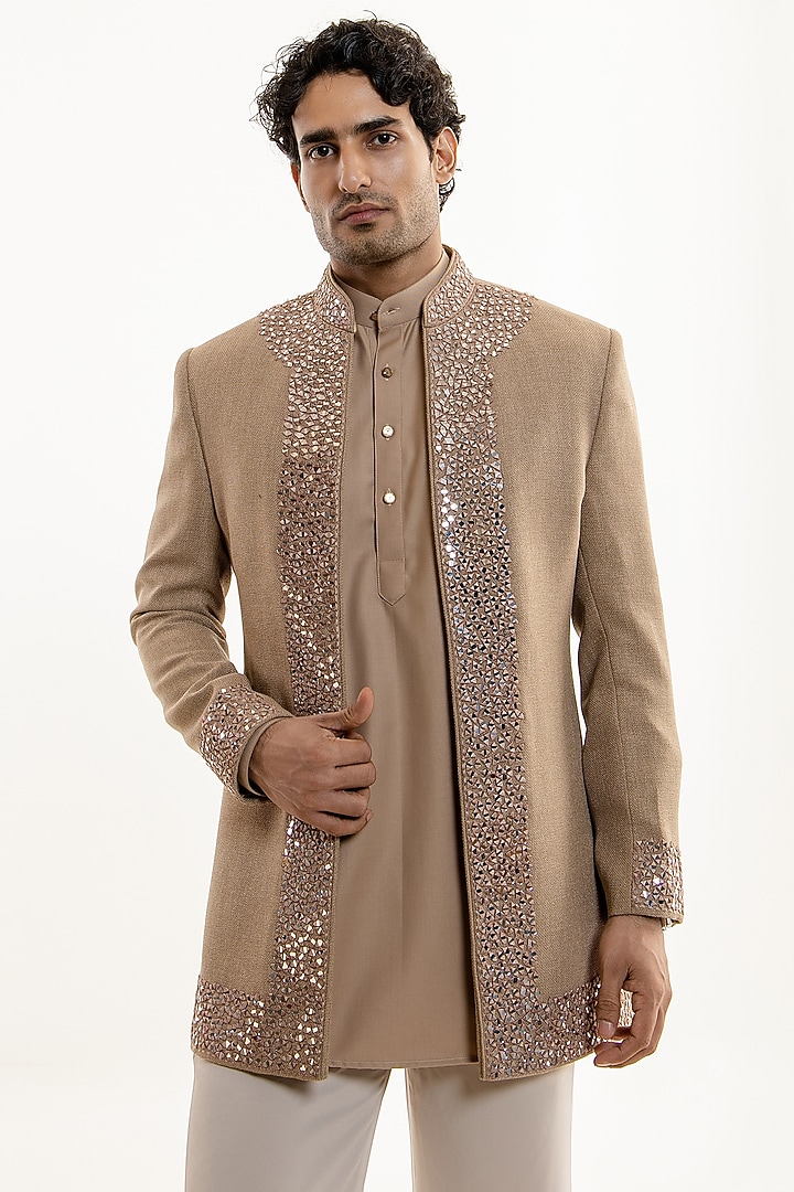 Pastel Brown Cotton Viscose Mirror Embroidered Wedding Indowestern Set by Line by Shamim Khan at Pernia's Pop Up Shop