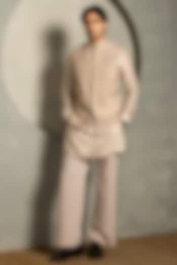 Pastel Rose Pink Dola Silk Thread Embroidered Nehru Jacket Set by Line by Shamim Khan at Pernia's Pop Up Shop