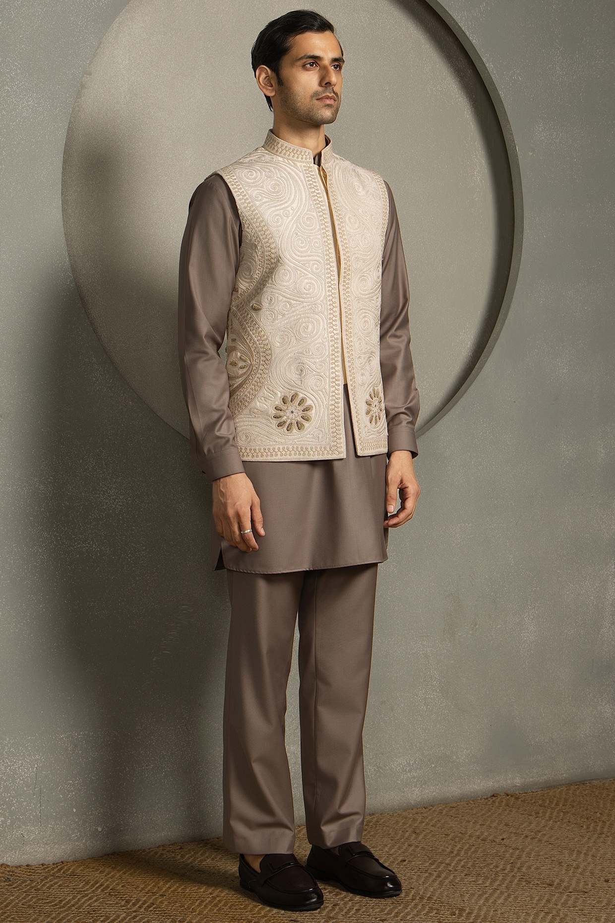 Line by Shamim Khan Peach Dola Silk Threadwork Nehru Jacket Set