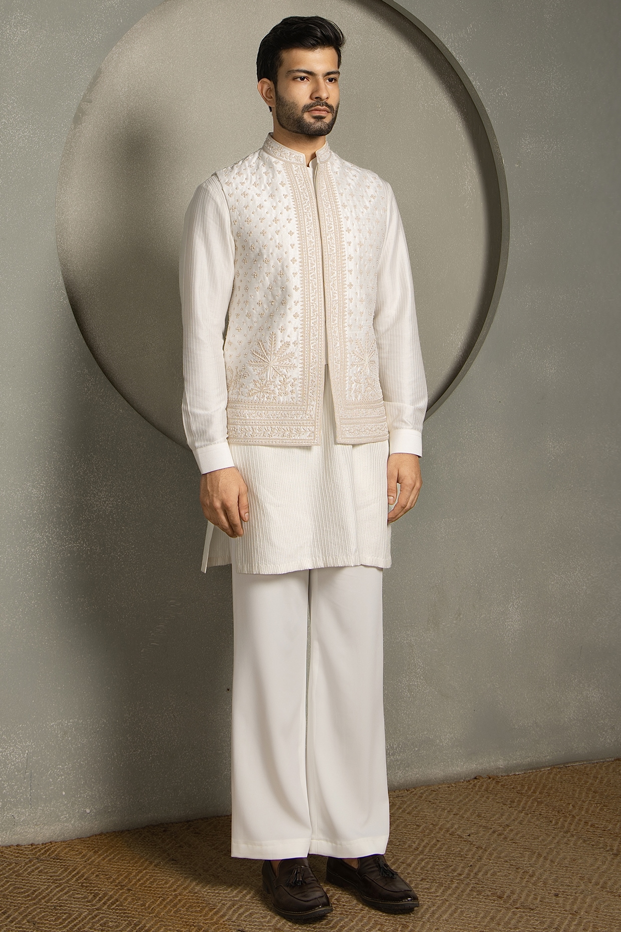 Line by Shamim Khan Ivory Dola Silk Beads Embroidered Nehru Jacket Set