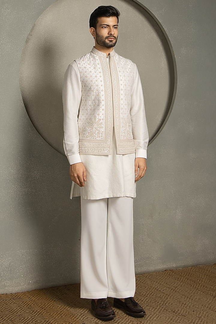 Ivory Dola Silk Beads Embroidered Nehru Jacket Set by Line by Shamim Khan at Pernia's Pop Up Shop