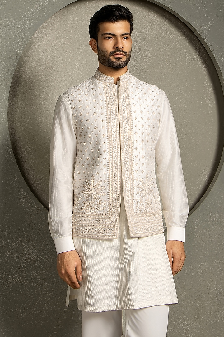 Ivory Dola Silk Beads Embroidered Nehru Jacket Set by Line by Shamim Khan at Pernia's Pop Up Shop