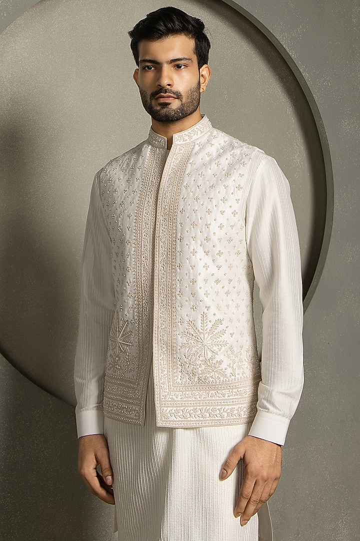 Ivory Dola Silk Beads Embroidered Nehru Jacket Set by Line by Shamim Khan at Pernia's Pop Up Shop