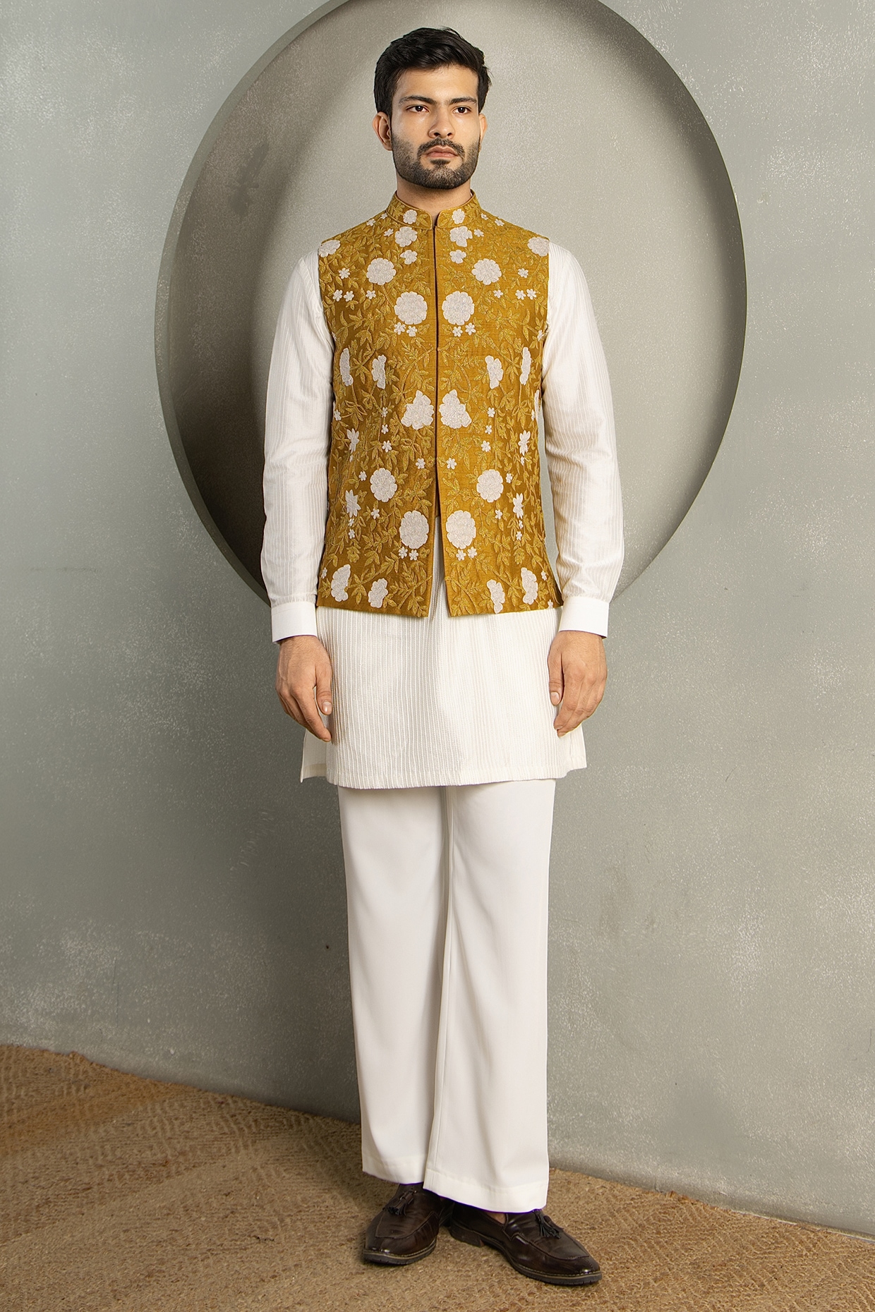 Line by Shamim Khan Mustard Yellow Dola Silk Dori Embroidered Nehru Jacket Set