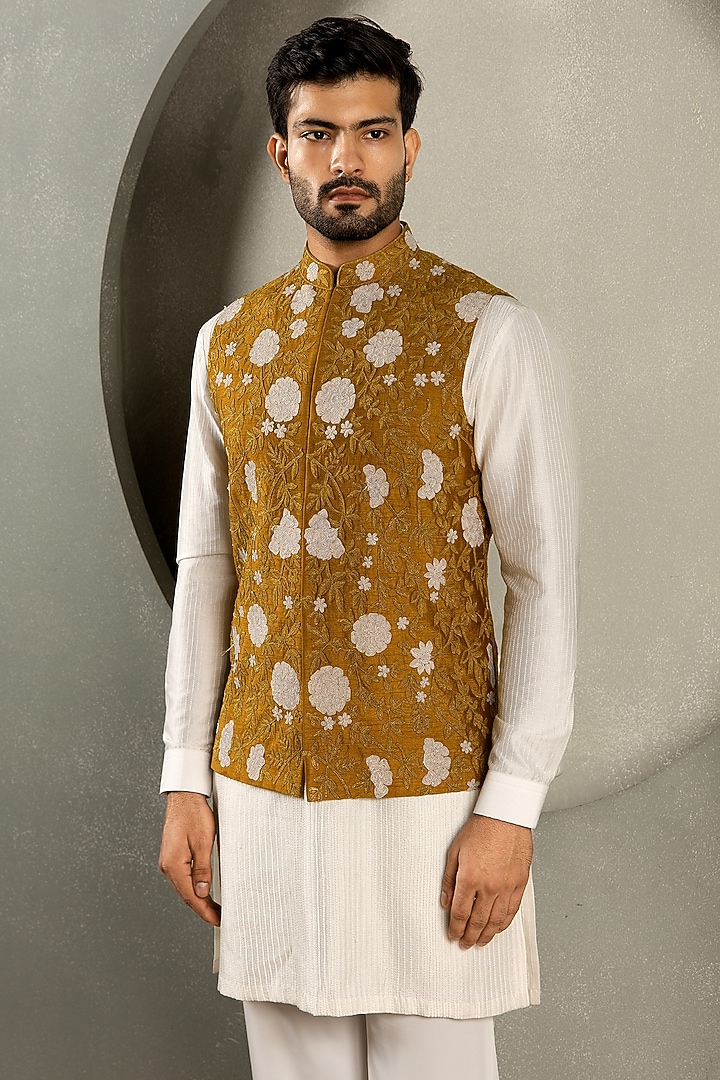 Mustard Yellow Dola Silk Dori Embroidered Nehru Jacket Set by Line by Shamim Khan at Pernia's Pop Up Shop