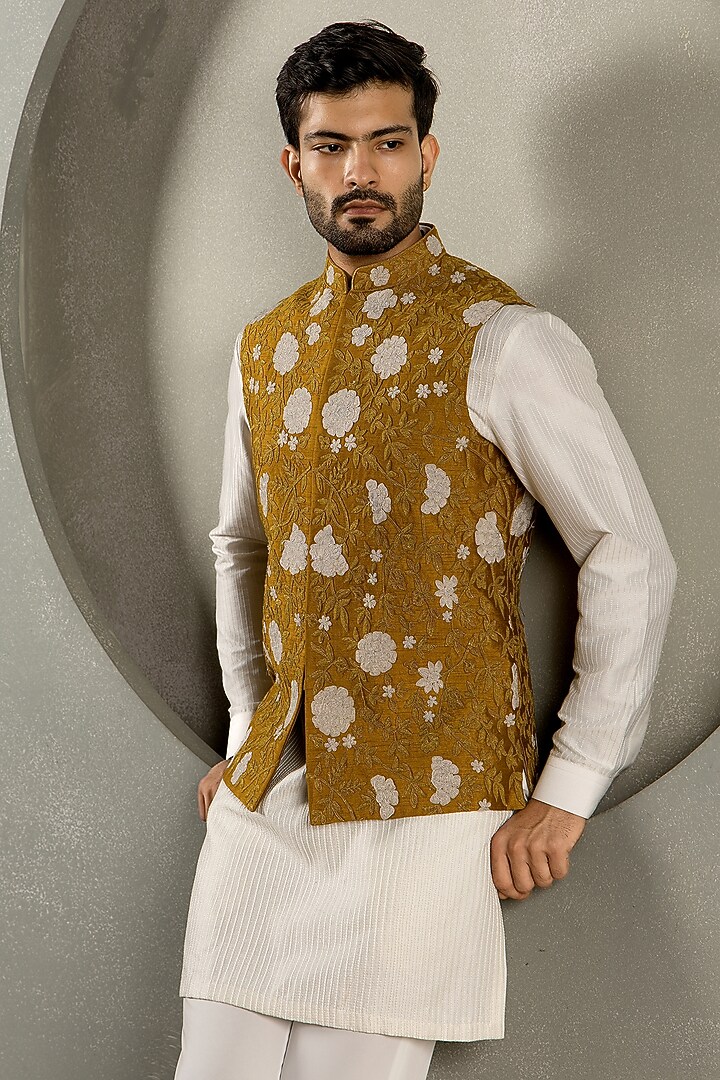 Mustard Yellow Dola Silk Dori Embroidered Nehru Jacket Set by Line by Shamim Khan at Pernia's Pop Up Shop