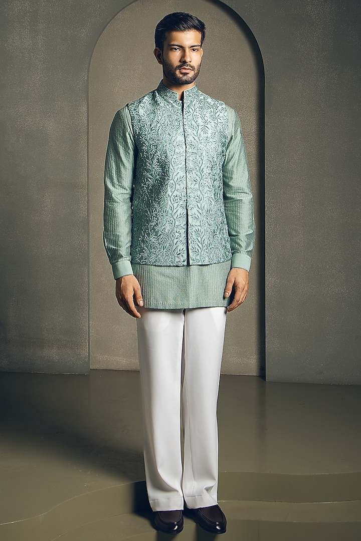 Mint Green Dola Silk Dori Embroidered Nehru Jacket Set by Line by Shamim Khan at Pernia's Pop Up Shop