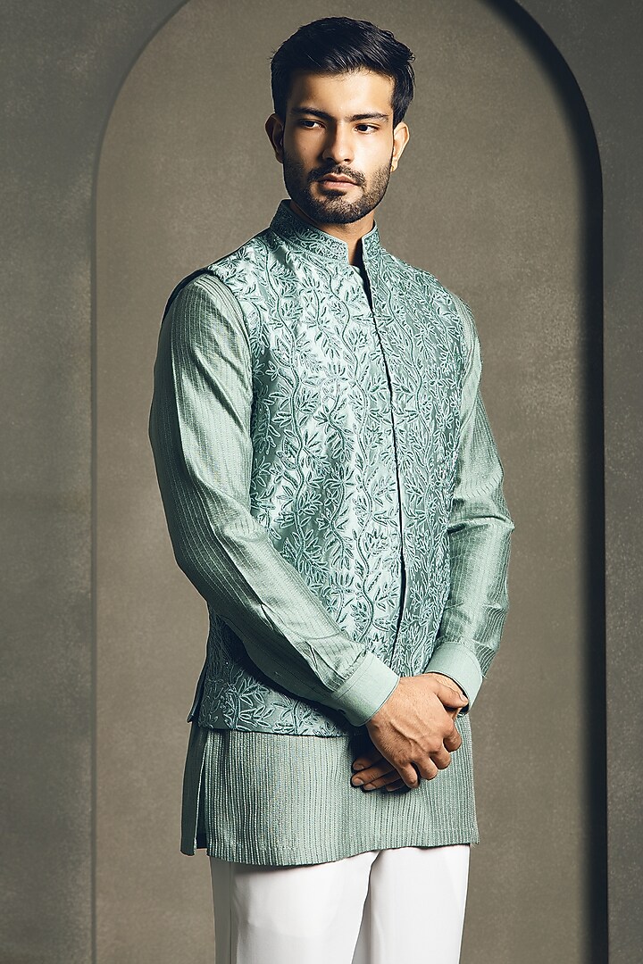 Mint Green Dola Silk Dori Embroidered Nehru Jacket Set by Line by Shamim Khan at Pernia's Pop Up Shop