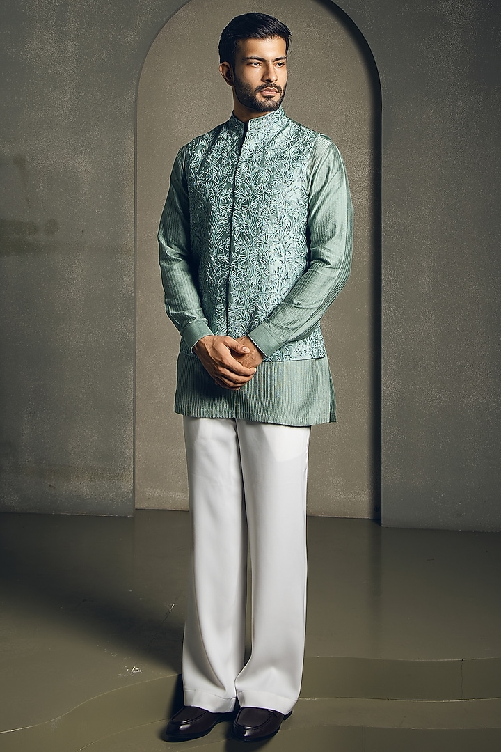Mint Green Dola Silk Dori Embroidered Nehru Jacket Set by Line by Shamim Khan at Pernia's Pop Up Shop