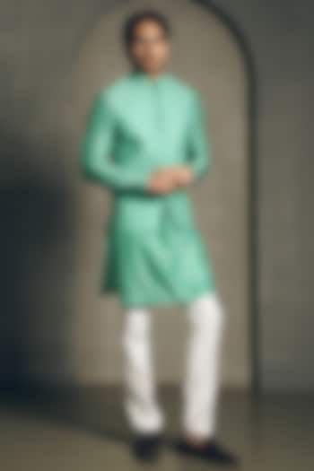 Sea Green Dola Silk Dori Embroidered Nehru Jacket Set by Line by Shamim Khan at Pernia's Pop Up Shop