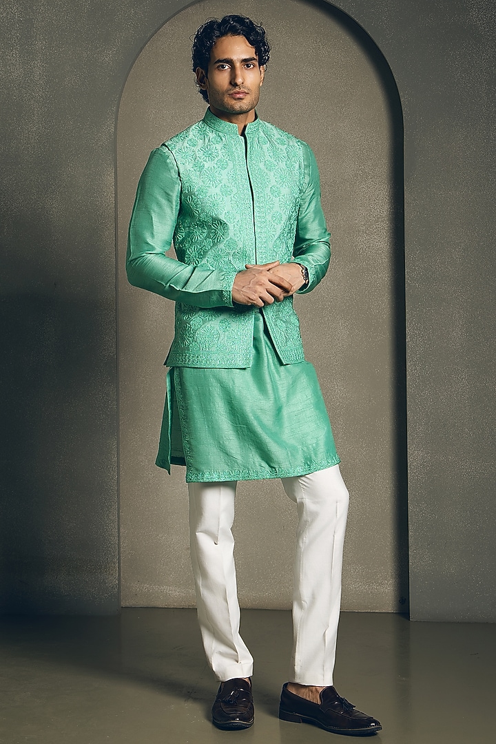 Sea Green Dola Silk Dori Embroidered Nehru Jacket Set by Line by Shamim Khan at Pernia's Pop Up Shop