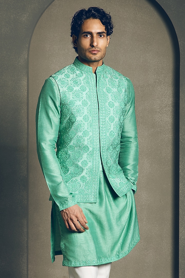 Sea Green Dola Silk Dori Embroidered Nehru Jacket Set by Line by Shamim Khan at Pernia's Pop Up Shop