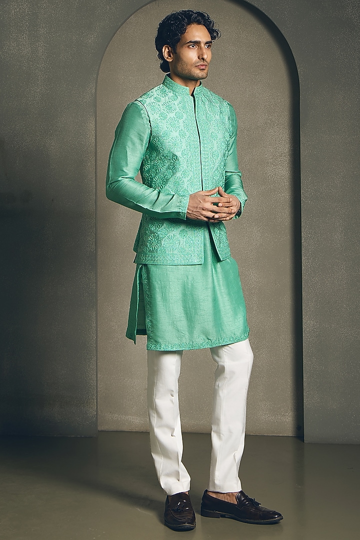 Sea Green Dola Silk Dori Embroidered Nehru Jacket Set by Line by Shamim Khan at Pernia's Pop Up Shop