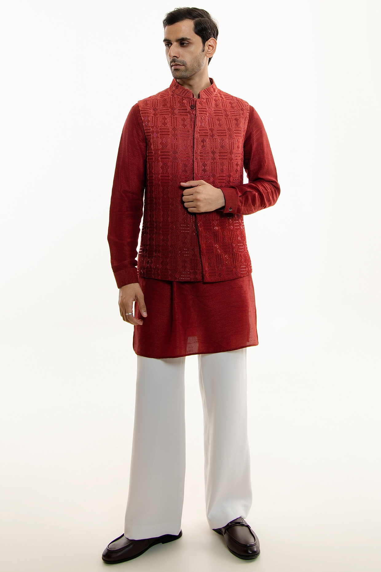 Line by Shamim Khan Dark Red Ombre Jacquard Dori Embroidered Nehru Jacket Set