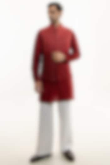 Dark Red Ombre Jacquard Dori Embroidered Nehru Jacket Set by Line by Shamim Khan at Pernia's Pop Up Shop
