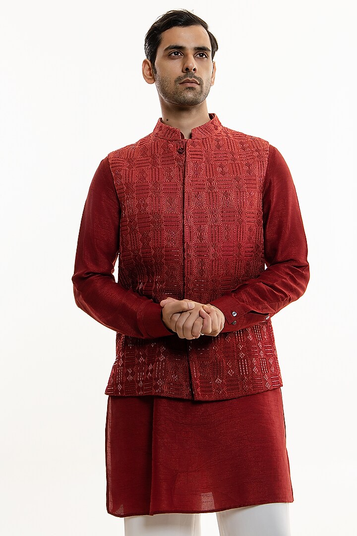 Dark Red Ombre Jacquard Dori Embroidered Nehru Jacket Set by Line by Shamim Khan at Pernia's Pop Up Shop