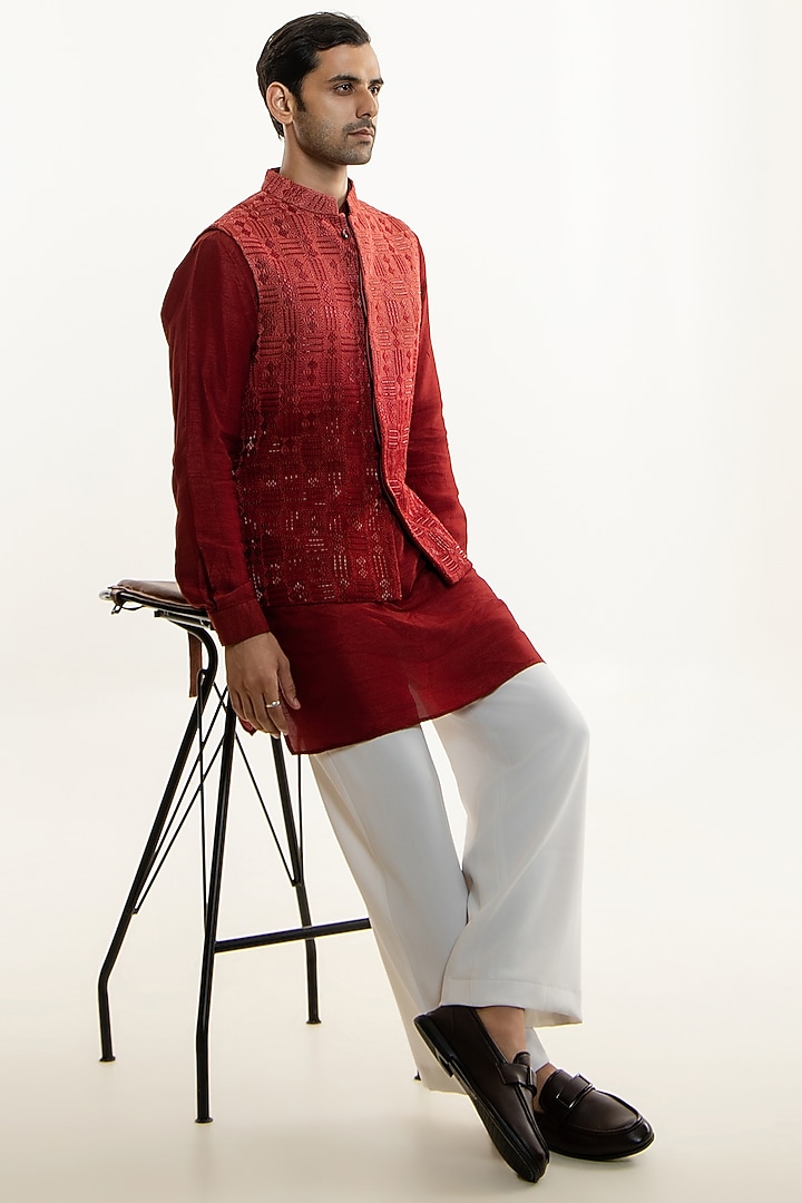 Dark Red Ombre Jacquard Dori Embroidered Nehru Jacket Set by Line by Shamim Khan at Pernia's Pop Up Shop
