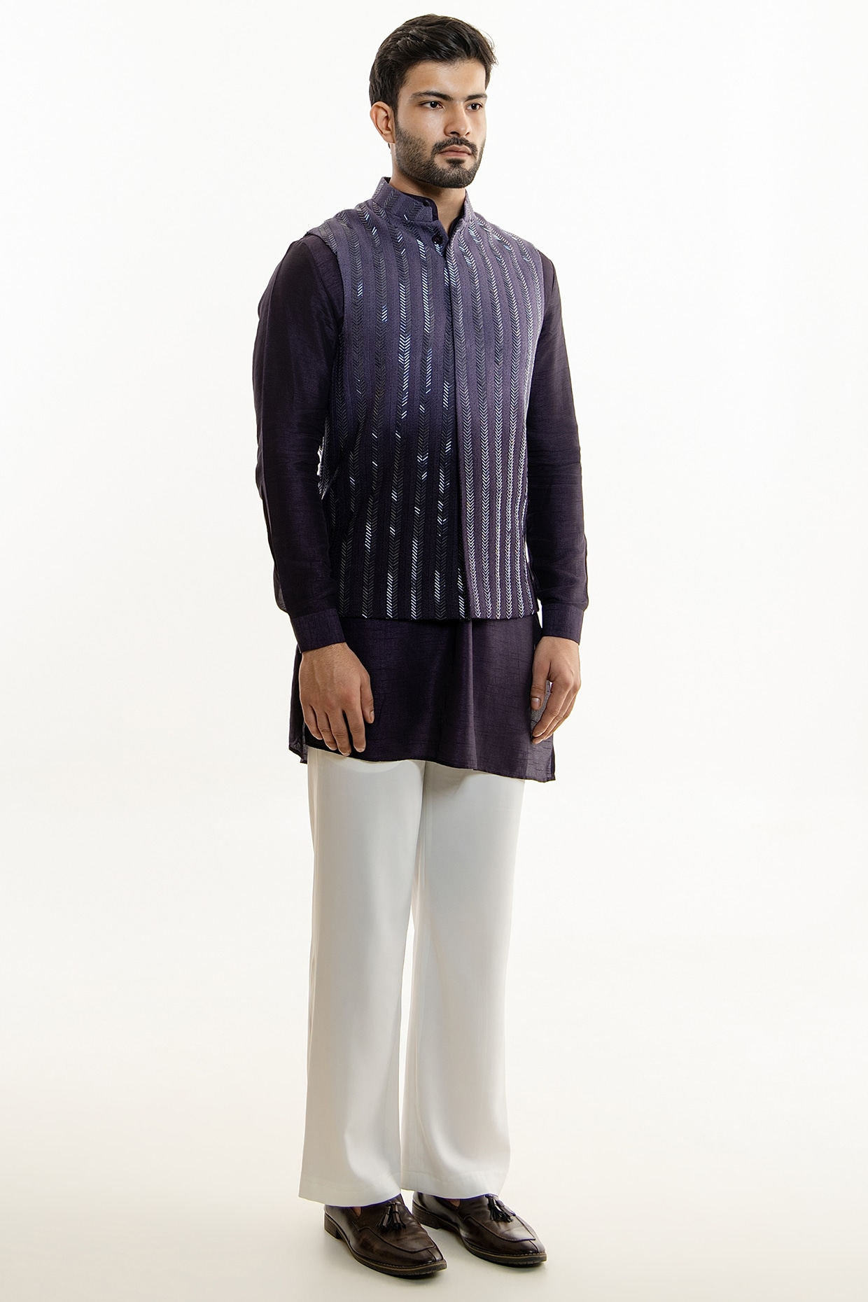 Line by Shamim Khan Dark Violet Ombre Jacquard Glass Cut Work Nehru Jacket Set