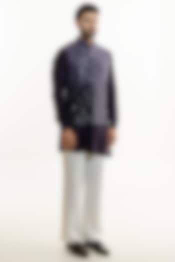 Dark Violet Ombre Jacquard Glass Cut Work Nehru Jacket Set by Line by Shamim Khan at Pernia's Pop Up Shop