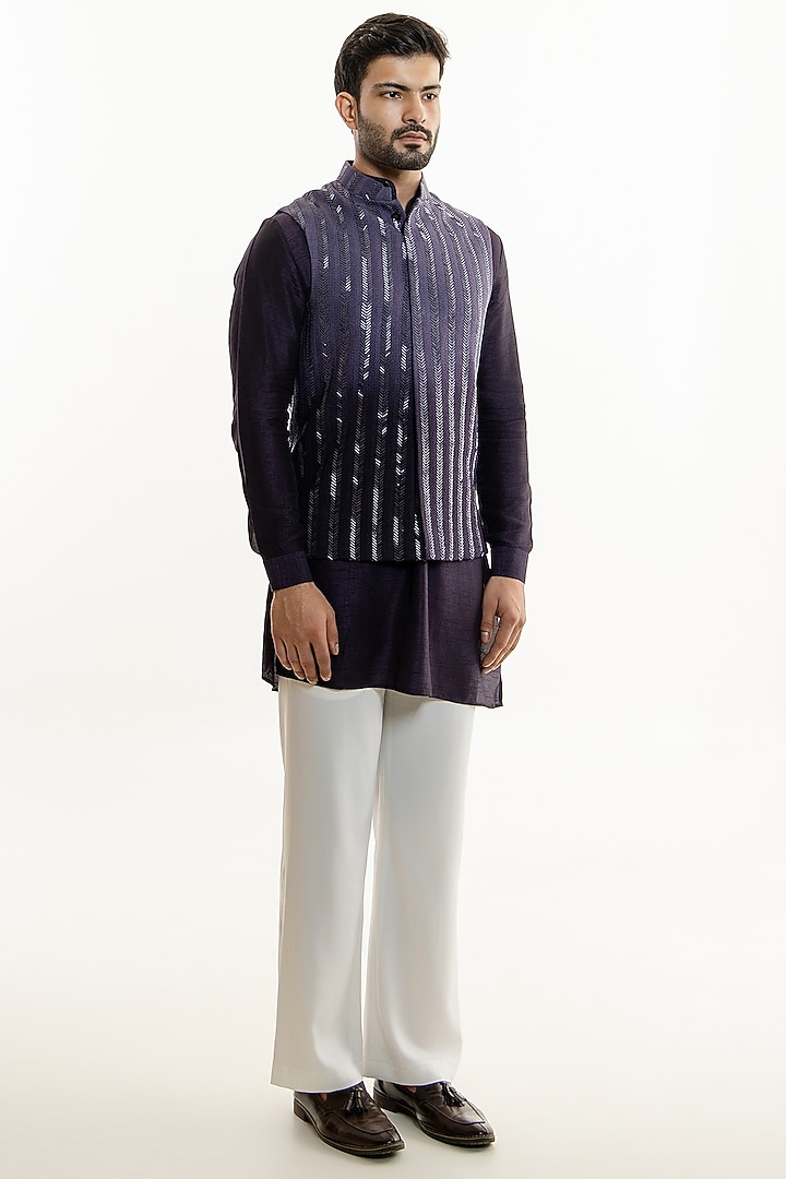 Dark Violet Ombre Jacquard Glass Cut Work Nehru Jacket Set by Line by Shamim Khan at Pernia's Pop Up Shop