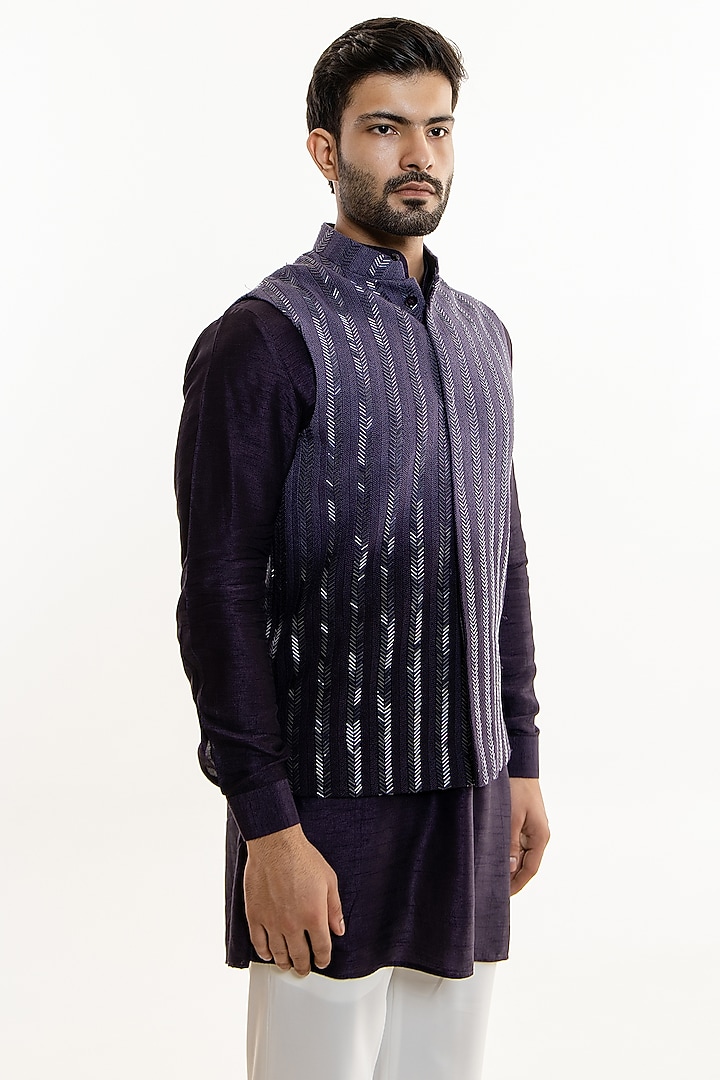 Dark Violet Ombre Jacquard Glass Cut Work Nehru Jacket Set by Line by Shamim Khan at Pernia's Pop Up Shop