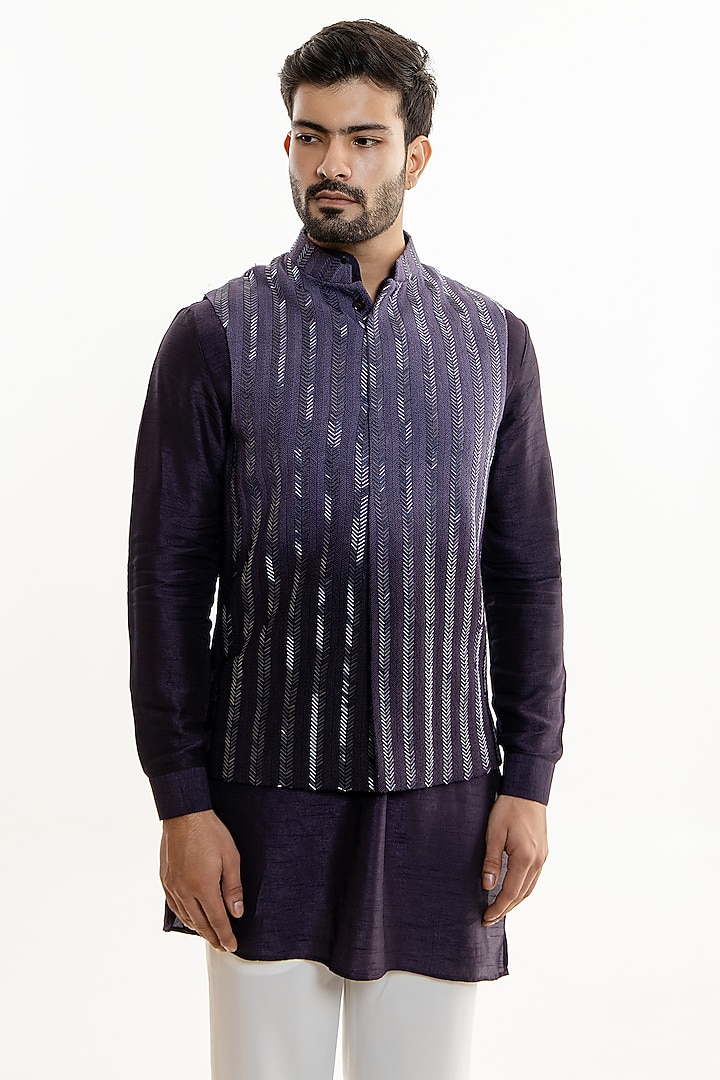 Dark Violet Ombre Jacquard Glass Cut Work Nehru Jacket Set by Line by Shamim Khan at Pernia's Pop Up Shop