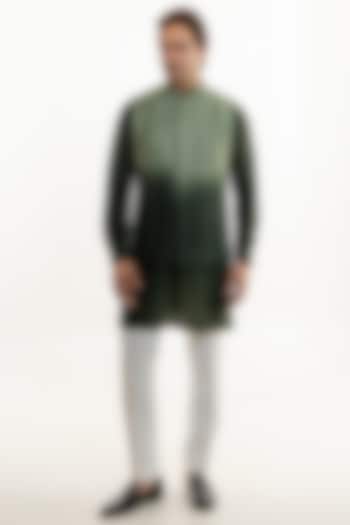 Dark Green Ombre Jacquard Glass Cut Work Nehru Jacket Set by Line by Shamim Khan at Pernia's Pop Up Shop
