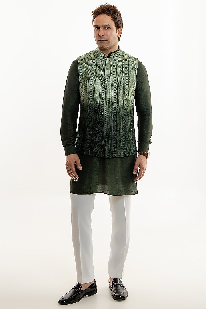 Dark Green Ombre Jacquard Glass Cut Work Nehru Jacket Set by Line by Shamim Khan at Pernia's Pop Up Shop