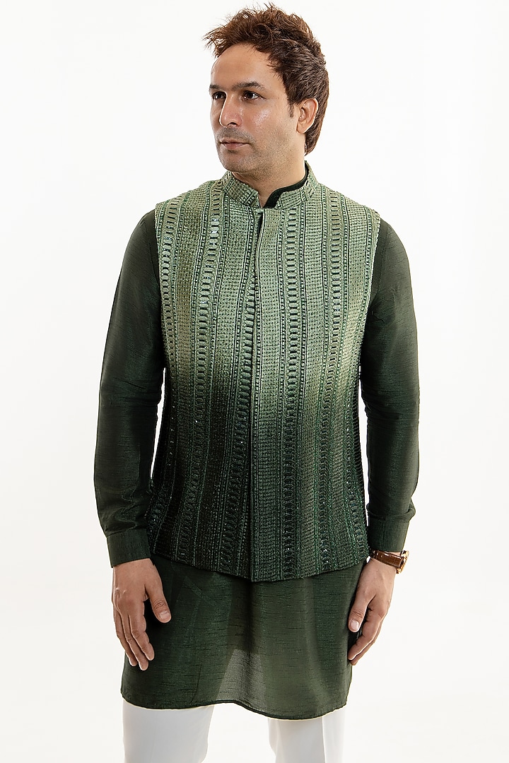 Dark Green Ombre Jacquard Glass Cut Work Nehru Jacket Set by Line by Shamim Khan at Pernia's Pop Up Shop