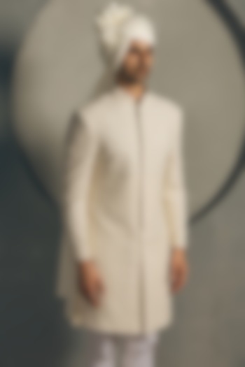 Ivory Raw Silk Thread Embroidered Groom Sherwani Set by Line by Shamim Khan at Pernia's Pop Up Shop