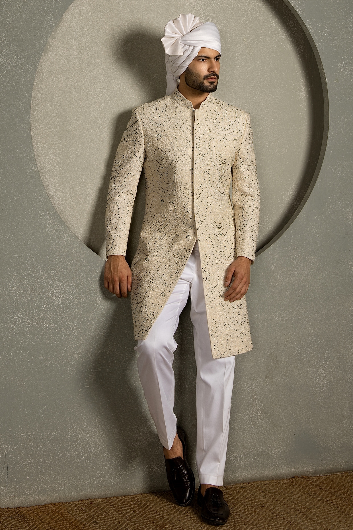 Line by Shamim Khan Ivory Raw Silk Hand Embroidered Sherwani Set