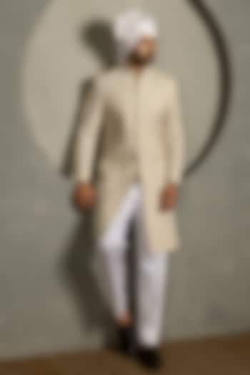 Ivory Raw Silk Hand Embroidered Groom Sherwani Set by Line by Shamim Khan at Pernia's Pop Up Shop