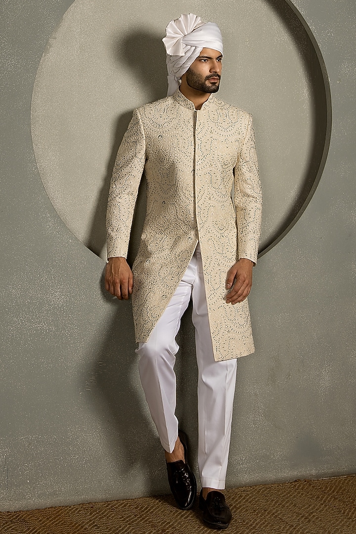 Ivory Raw Silk Hand Embroidered Groom Sherwani Set by Line by Shamim Khan at Pernia's Pop Up Shop