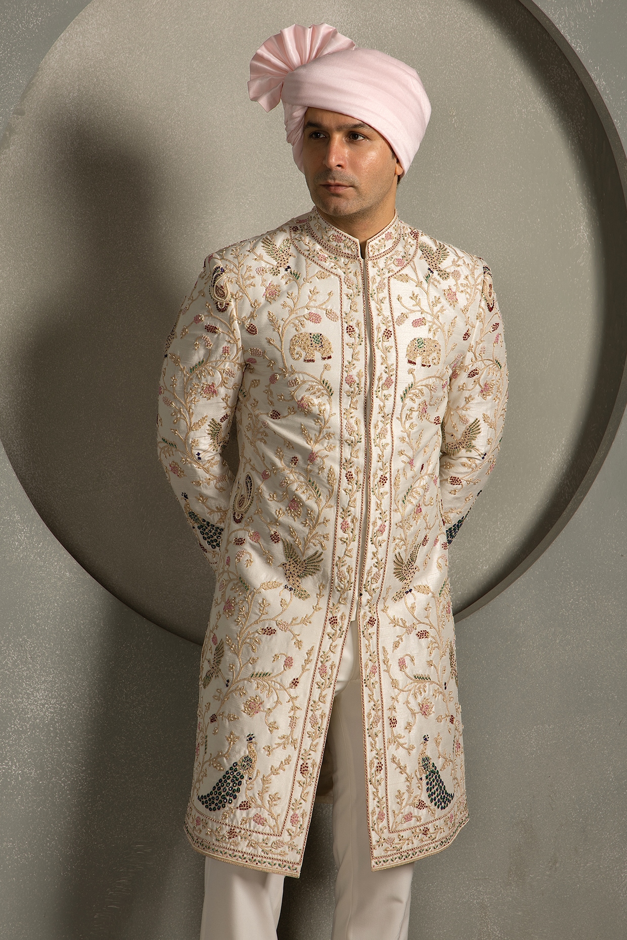 Line by Shamim Khan Ivory Raw Silk Hand Embroidered Sherwani Set