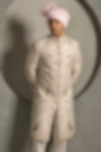 Ivory Raw Silk Hand Embroidered Groom Sherwani Set by Line by Shamim Khan at Pernia's Pop Up Shop